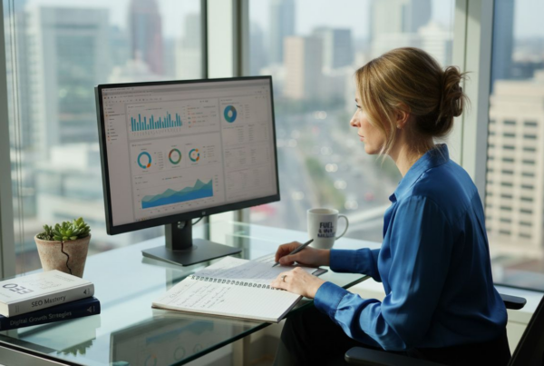 SEO analyst working in city office workspace