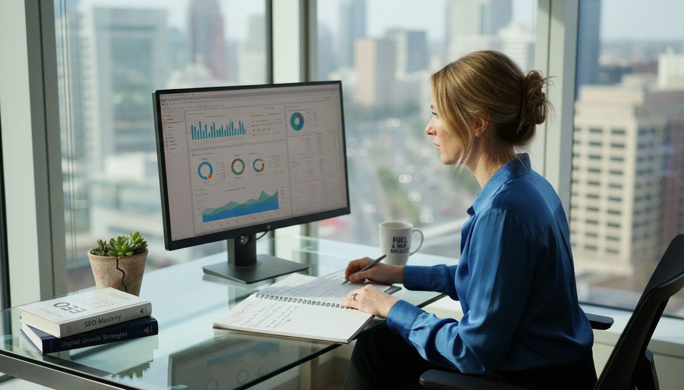 SEO analyst working in city office workspace