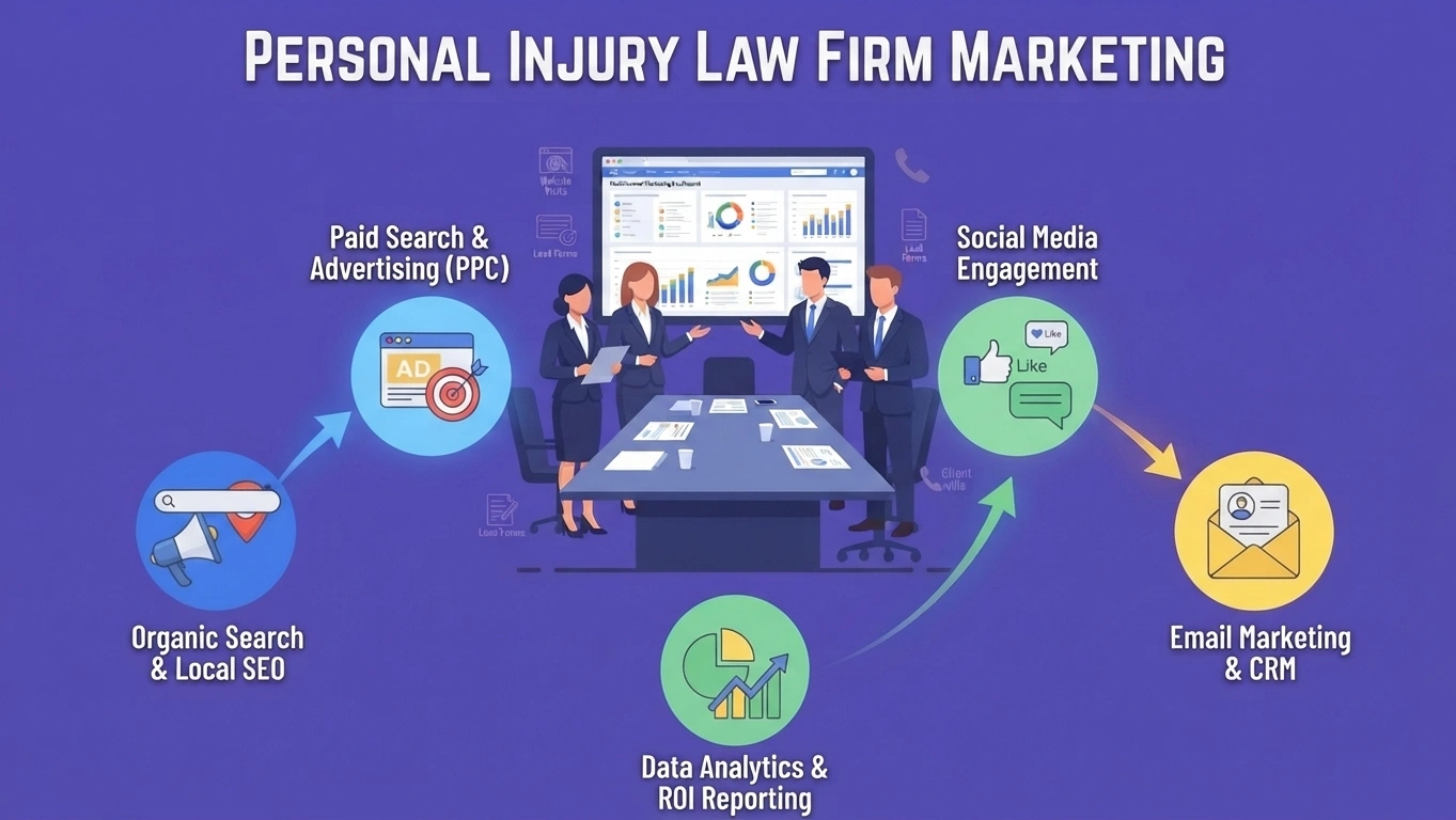 Personal injury attorneys reviewing a multichannel marketing strategy